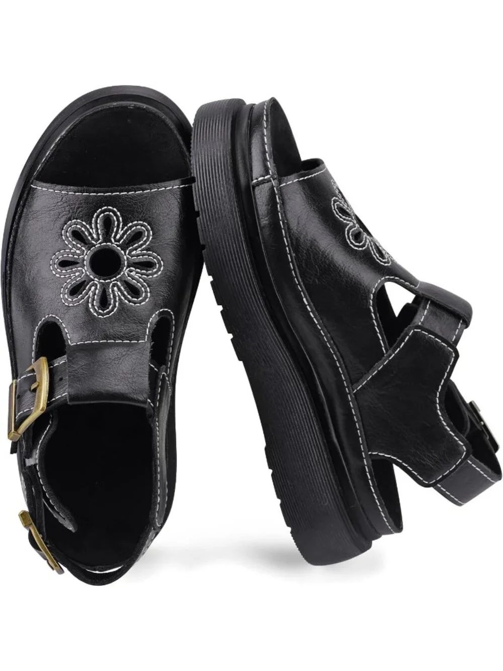 Women's Black Flat Open Toe Flower Decoration Fisherman Platform Sandal Shoes
